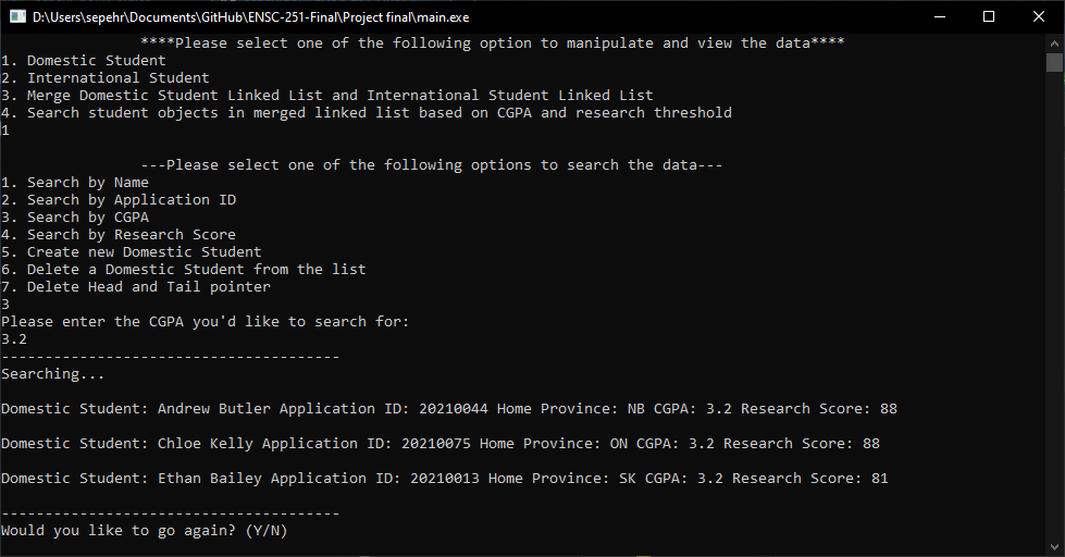searching for students by CGPA in the system example